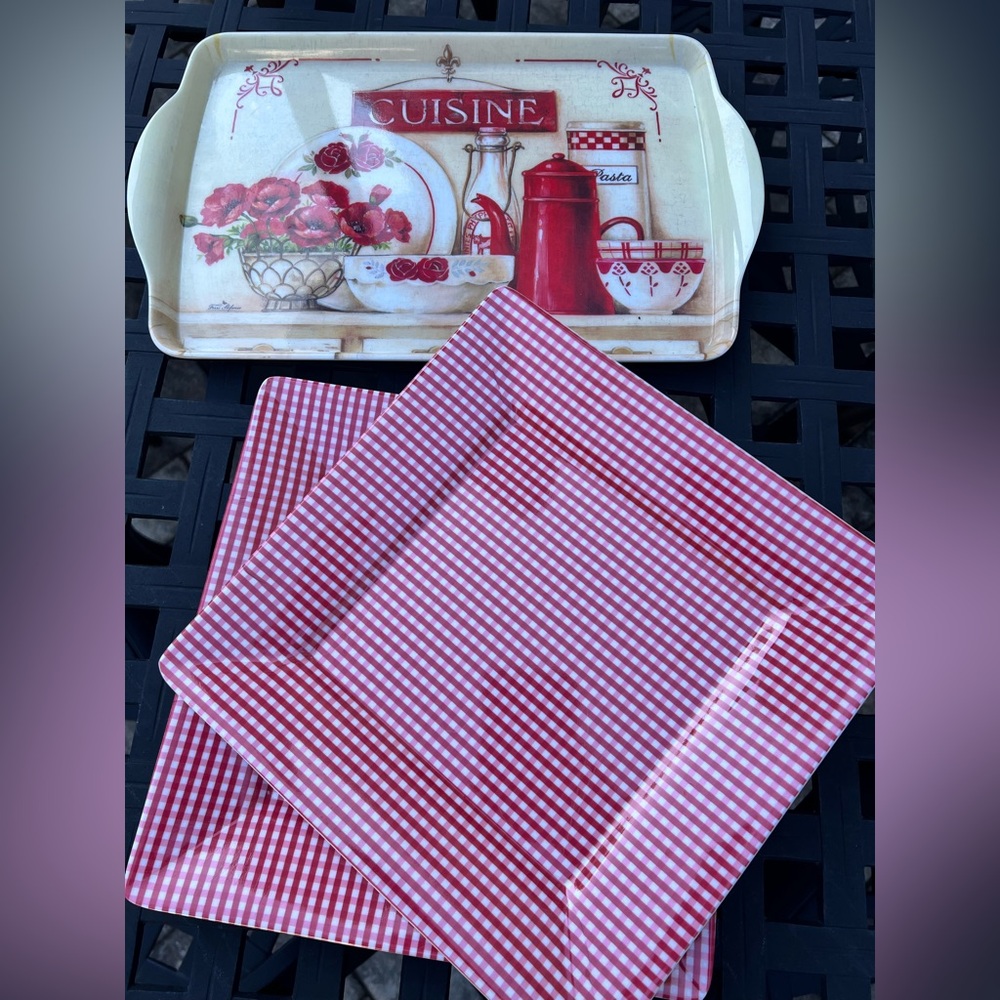 Red Gingham Melamine Plates (2) and Tray Set